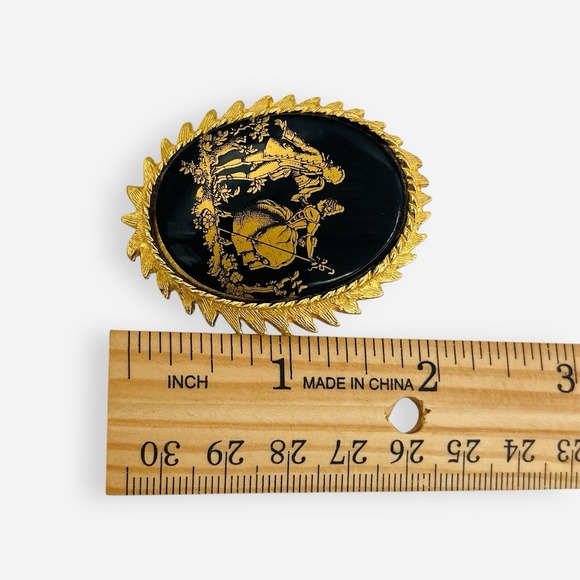 Vintage Courting Couple Brooch Gold Tone Black Filigree Dodds - Picture 4 of 4